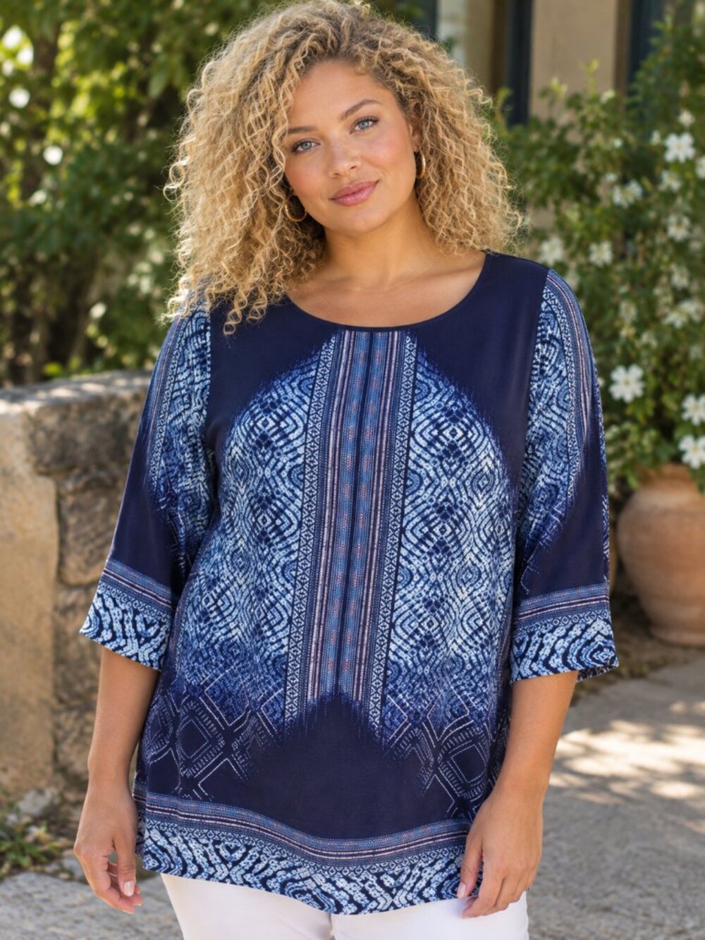 ROSE + OLIVE Batik Blue Tie Dye Tunic Top 1X Plus Tribal Boho Blouse Shirt